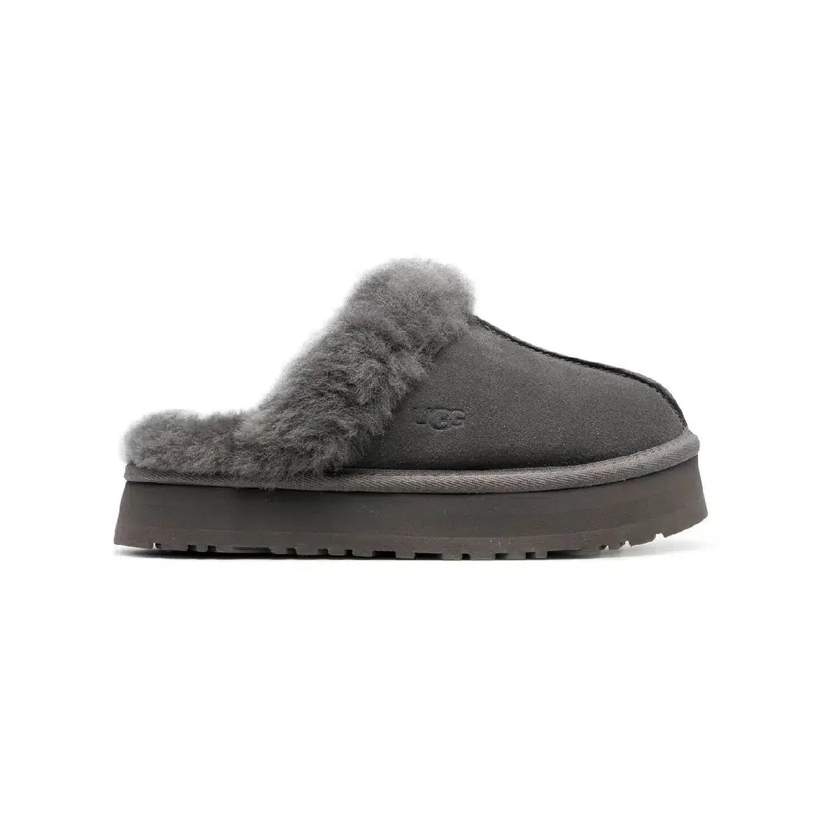 Pantoufles UGG Disquette Platform Gris Charbon – Douces et Confortables avec Semelle Élevée
