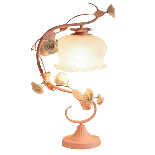 "Lampe de table LED design ROSALY avec base en céramique élégante et abat-jour raffiné."